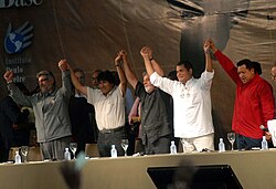 Morales with regional allies, at the Fórum Social Mundial for South America: President of Paraguay Lugo, President of Brasil Lula, President of Ecuador Correa and President of Venezuela Chávez.