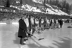 An ice hockey game during the 1928 Winter Olympics at St. Moritz