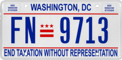 The city's license plate, which calls for an end to taxation without representation