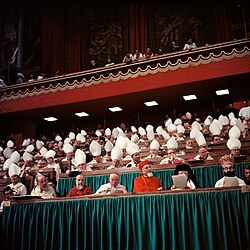 Bishops, including Eastern Catholic ones as seen in their distinctive vestments, assisting at the Second Vatican Council
