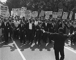 March on Washington for Jobs and Freedom, August 28, 1963, shows civil rights leaders and union leaders.