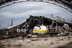 The Antonov An-225 Mriya, the largest aircraft ever built, was destroyed during the Battle of Antonov Airport.