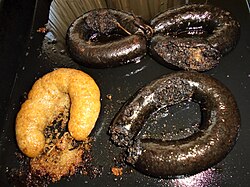 Blood pudding (right) from Croatia baked on a sheet pan