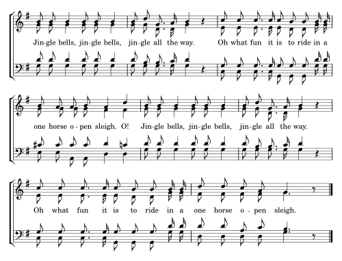 Sheet music notation for the chorus (refrain) of the Christmas song "Jingle Bells" Jingle Bells refrain vector.midⓘ