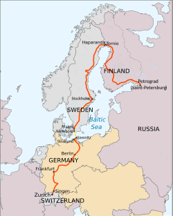 Lenin's travel route from Zurich to Saint Petersburg in April 1917, including the ride in a sealed train through German territory