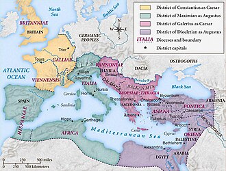 A map showing the division of the Roman empire c. 300