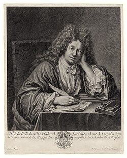 French Baroque music composer Michel Richard Delalande (1657–1726), pen in hand