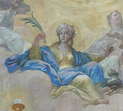 An 18th-century depiction in Bad Wurzach parish church. Verena among other saints in celestial glory. She is depicted with her common attribute, the jar (placed at her feet), and a palm branch as a symbol of victory over the flesh.