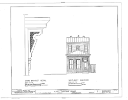 Sketch of a typical camelback, or 1+1⁄2-story, shotgun house, with a detailed sketch of a typical decorative wooden door bracket