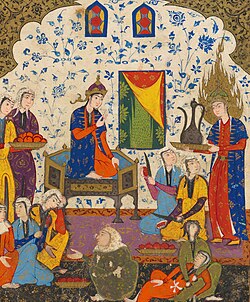 Islamic illustration of the manservant, Yusuf, carrying wine to the banquet. His prophetic beauty distracts women, making them cut into their flesh and it causes others to faint