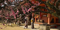Two women praying in front of a Japanese Shinto shrine.