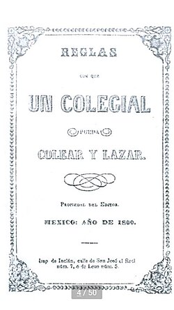 Front cover of Reglas con que un Colegial pueda Colear y Lazar", the first roping manual, by Luis G. Inclán (1860).