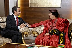 Gaddafi with Spanish Prime Minister José Luis Rodríguez Zapatero at the third EU-Africa Summit in Tripoli in November 2010.
