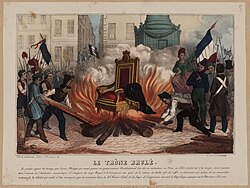 The symbolic burning of the throne of Louis Philippe I on the Place de la Bastille. On the throne was inscribed: "The People of Paris to All Europe: Liberty, Equality, Fraternity. 24 February 1848"[136]