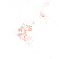 Map of racial/ethnic distribution in Anchorage, 2010 U.S. Census. Each dot is 25 people: Non-Hispanic White, Black, Asian, Hispanic or Alaska Native and Other (yellow)