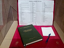 Today, cardinal electors receive copies of multiple ballot cards, scrutiny ballots, and a copy of Ordo Rituum Conclavis (Order of Conclave Rites). Shown above are the ballot papers of Cardinal Roger Mahony used in the 2013 conclave.