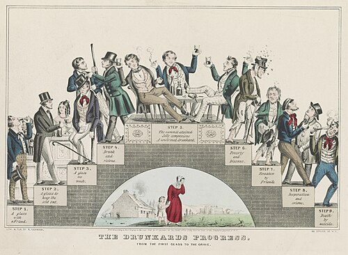 "The Drunkard's Progress", 1846, demonstrating how alcoholism can lead to poverty, crime, and eventually suicide
