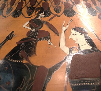 Athena is "born" from Zeus's forehead parthenogenetically as he grasps the clothing of Eileithyia on the right; black-figured amphora, 550–525 BC, Louvre.