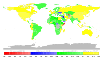 A world map showing countries' most recent censuses as of 2020