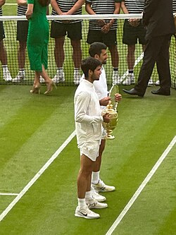 Carlos Alcaraz and Novak Djokovic after the 2023 Wimbledon final