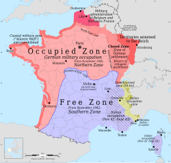 France during the war; Occupied and annexed zones by Germany in shades of red, Italian occupation zones in shades of yellow and striped blue, "Free zone" in blue.
