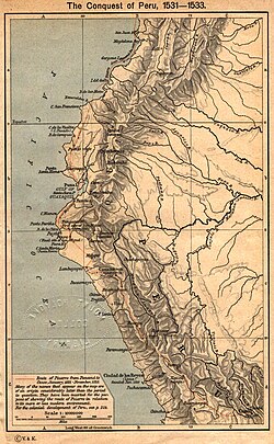 The route of the conquest of the Inca Empire by Pizarro and his conquistadors.
