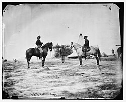 Custer (left) with General Pleasonton on horseback in Falmouth, Virginia, 1863