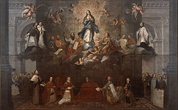 Representation of the two powers, church and state, symbolized by the altar and the throne, with the presence of the king Charles III and the Pope Clement XIV, seconded by the Viceroy, Antonio Bucareli, and the Archbishop of Mexico, Alonso Núñez de Haro, respectively, before the Virgin Mary. "Glorification of the Immaculate Conception".