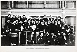 The Soviet of Workers' Deputies of St. Petersburg in 1905: Leon Trotsky in the centre. The Soviets were an early example of a workers council.