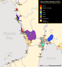 Map of ancient Manila in 1570. The polity of Maynila shown in yellow.