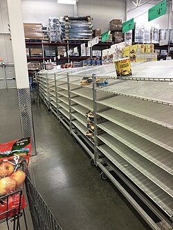 Empty shelves from panic buying at the Sam's Club in Lufkin, Texas, on 13 March 2020.