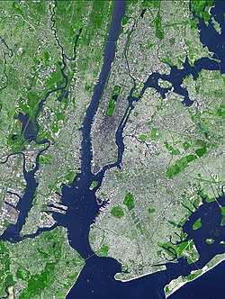 This false-color satellite image illustrates topography of the urban core of the New York metropolitan area, with Manhattan at its center.