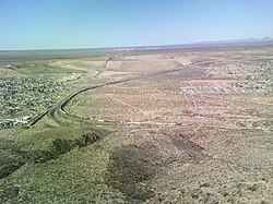 In this photo, the Mexico–United States border divides Sunland Park and the Mexican state of Chihuahua.