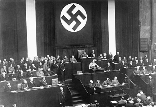 Seeking assent to the Enabling Act, Hitler addressed the Reichstag on 23 March 1933. He requested friendly cooperation, promising not to threaten the Reichstag, the president, the states or the churches if granted the emergency powers.