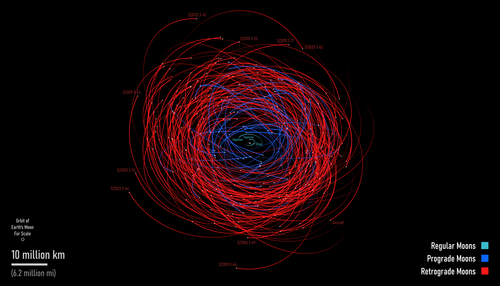 Diagram showing the highly clustered orbits of Saturn's 250 known outer irregular moons as of 2025. The majority of these irregular moons orbit retrograde, or opposite to the direction of Saturn's rotation. The orbits of retrograde moons are colored red while the orbits of prograde moons are colored blue.