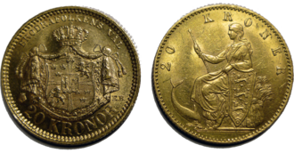Two 20 krona gold coins from the Scandinavian Monetary Union, a historical example of an international gold standard