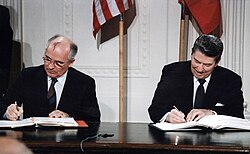 Mikhail Gorbachev and Ronald Reagan sign the INF Treaty at the White House, 1987