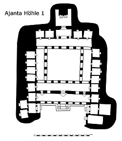 Ajanta (Cave 1), Vihara or (Rock) monastery with antechamber, main hall and cult chapel, about 40 meters long