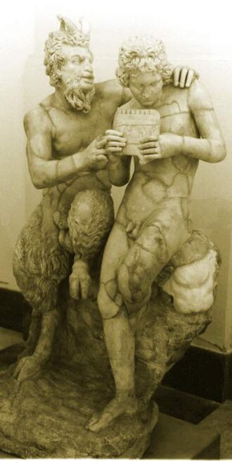 Sculpture of Pan teaching Daphnis to play the pipes; c. 100 BCE, found in Pompeii.