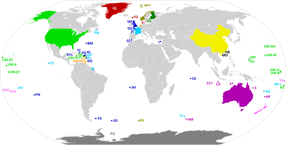 Dependent territories and their sovereign states. All territories are labeled according to ISO 3166-1[note 1] or with numbers.[note 2] Coloured areas without labels are integral parts of their respective countries. Antarctica is shown as a condominium instead of individual claims.