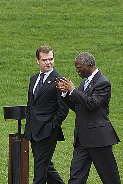 Mbeki with Russian President Dmitry Medvedev at the 34th G8 summit, July 2008.