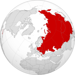 Map showing greatest territorial extent of the Soviet Union and its aligned states, 1960, after the Cuban Revolution of 1959 but before the official Sino-Soviet split of 1961 (total area: c. 35,000,000 km2)[G]