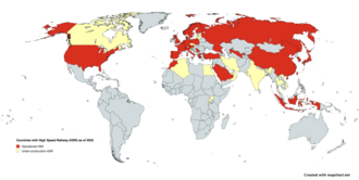 Countries with high-speed railway lines operational (red) and under-construction (yellow) as of 2025