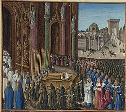 The funeral of Baldwin I from the book Les Passages d'outremer faits par les Français contre les Turcs depuis Charlemagne jusqu'en 1462.