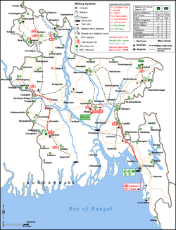 The location of Bengali and Pakistani military units during Operation Searchlight, March 1971