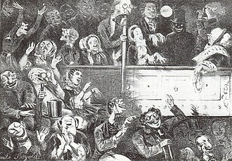 Audience at the Théâtre des Bouffes-Parisiens, the birthplace of Jacques Offenbach's operettas; caricature of 1860 by Émile Bayard