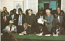 Signing of the Rhodesian Internal Settlement (from left: Bishop Abel Muzorewa, Ian Smith, Jeremiah Chirau and Ndabaningi Sithole)