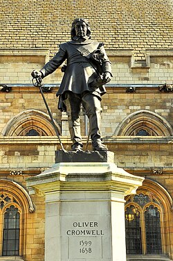1899 statue of Oliver Cromwell, Westminster by Hamo Thornycroft outside the Palace of Westminster in London