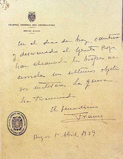 Franco declares the end of the war, though small pockets of Republicans fought on.