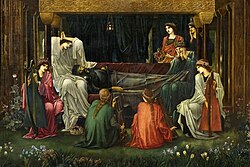 Detail of The Last Sleep of Arthur in Avalon (completed 1898), by Edward Burne-Jones. Arthur sleeping in Avalon, awaiting his return.